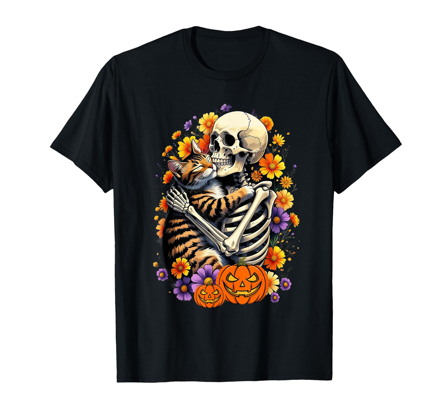 Skeleton Hugging Cat Floral Halloween Pumpkin Cats Lover T-Shirt