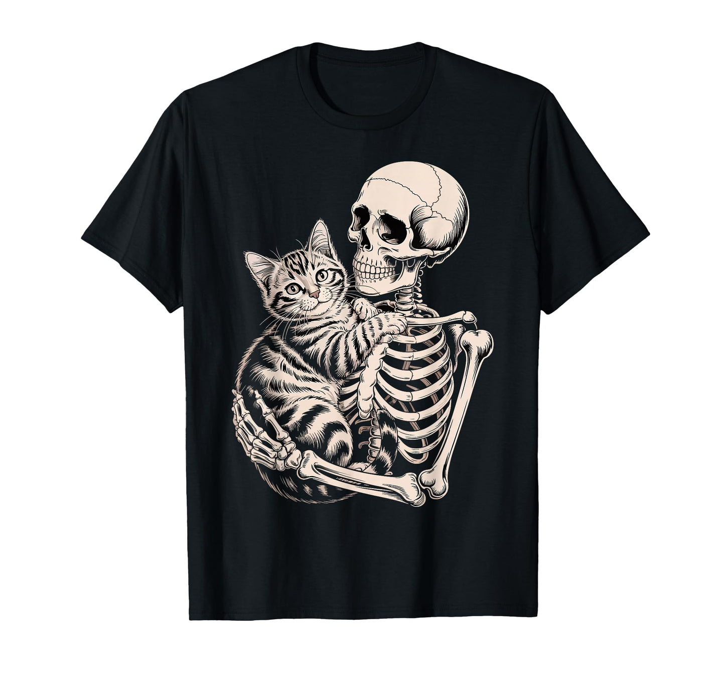 Skeleton Hugging Cat Funny Halloween Cat Lover T-Shirt