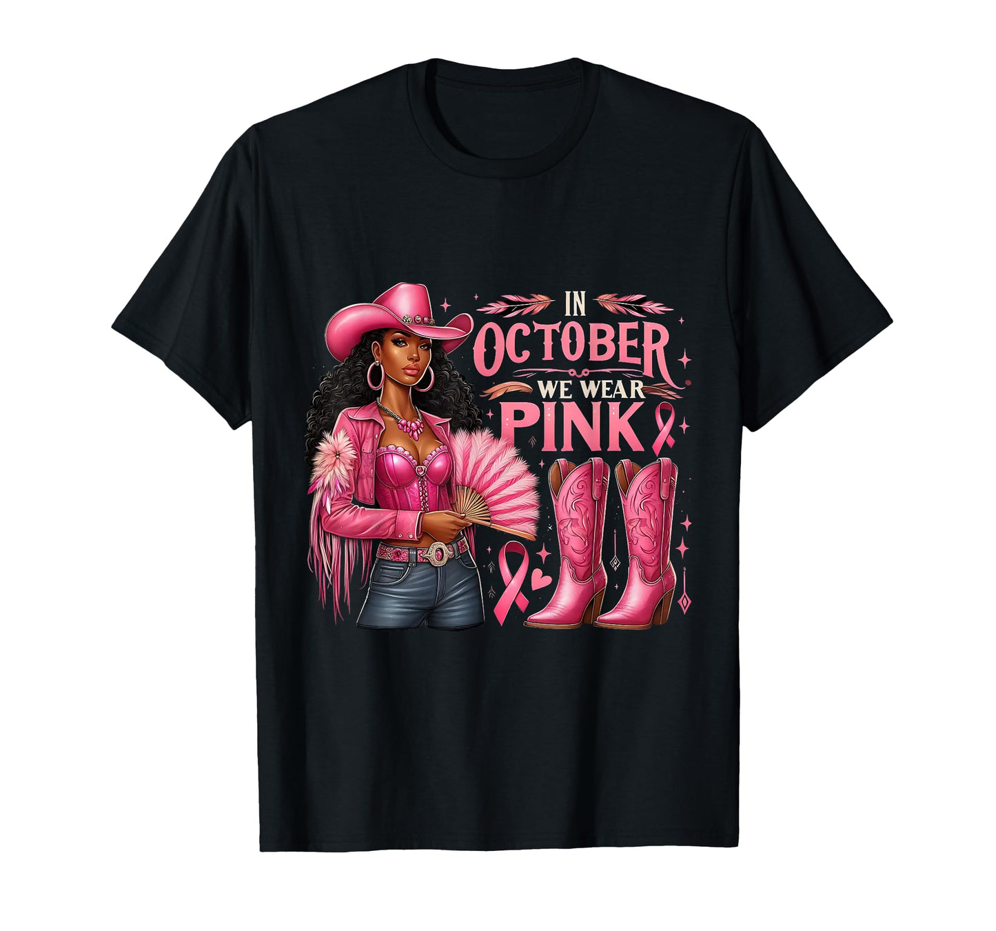 in October We Wear Pink Cowgirl Melanin Rodeo Breast Cancer T-Shirt