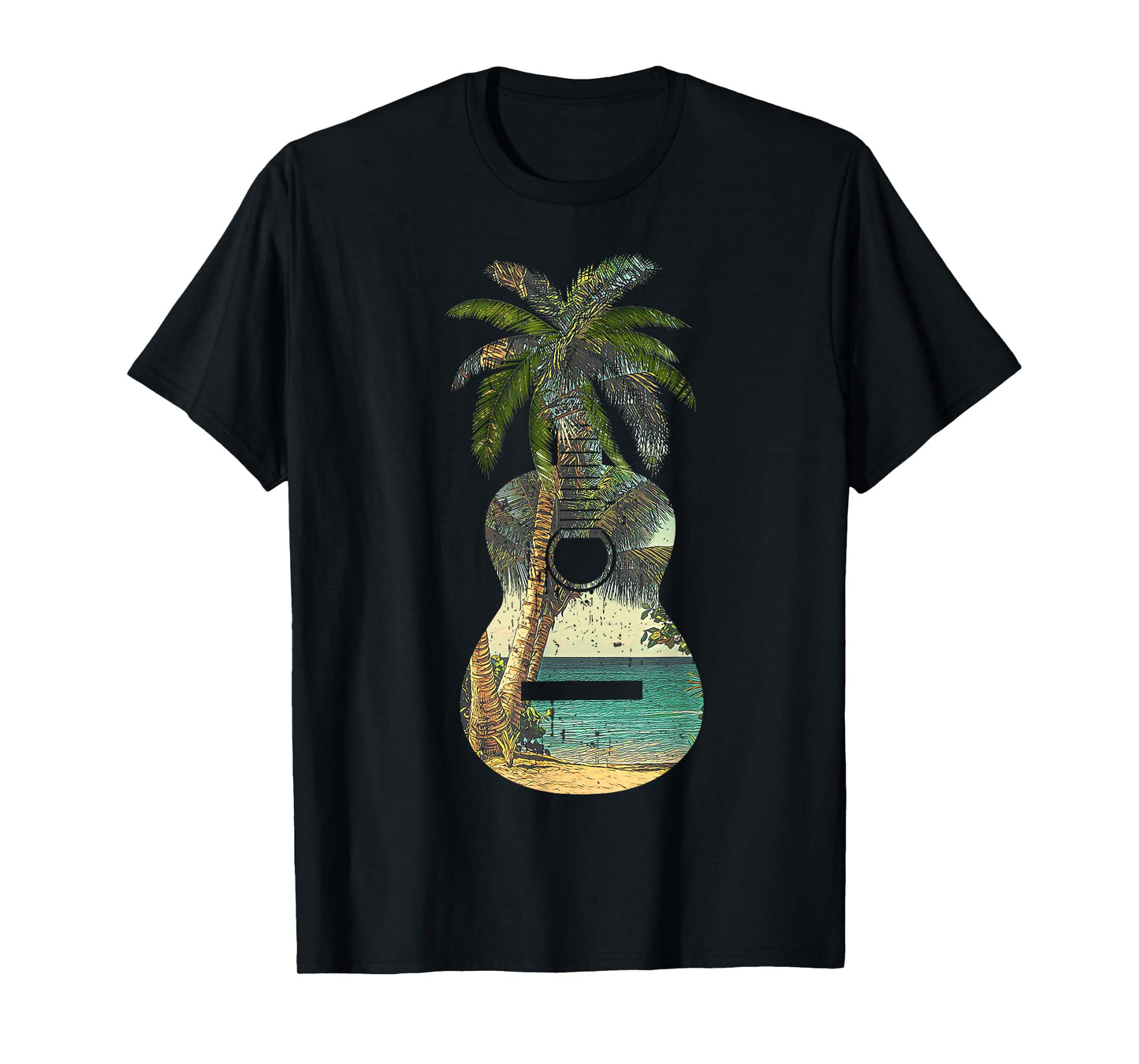 Guitar Lover Beach Palm Trees Vacation Acoustic Music Band T-Shirt