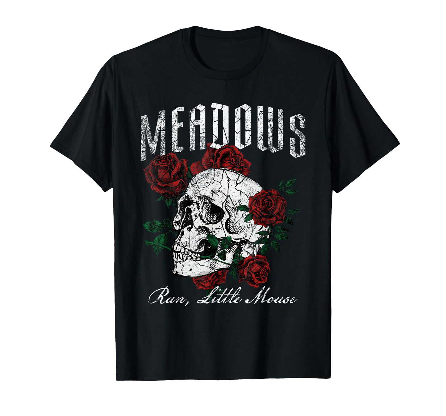 Retro Meadows Run Little Mouse Funny Skeleton Rose Bookish T-Shirt