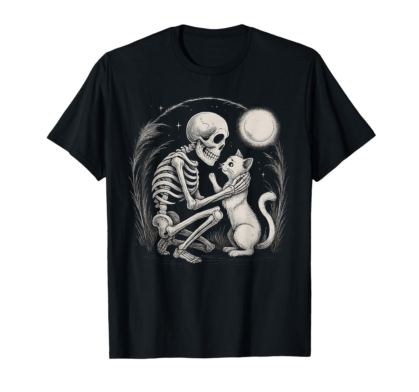 Skeleton Cat Moon Night Halloween Funny Cute Men Women Lazy T-Shirt