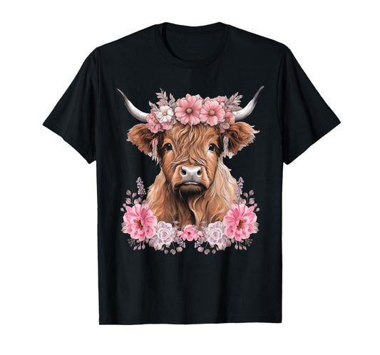 Cute Baby Highland Cow With flowers Calf Animal cow women T-Shirt