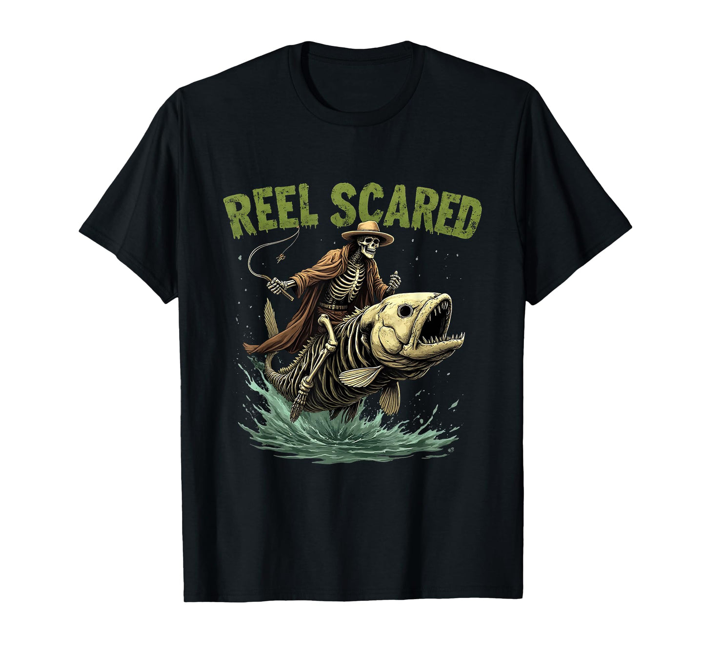 Fisherman Skeleton Funny Retro Reel Scared Halloween Fishing T-Shirt
