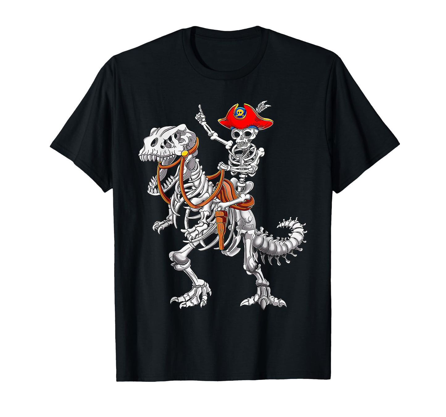 Skeleton Pirate Riding Skeleton Dinosaur Halloween T-Shirt