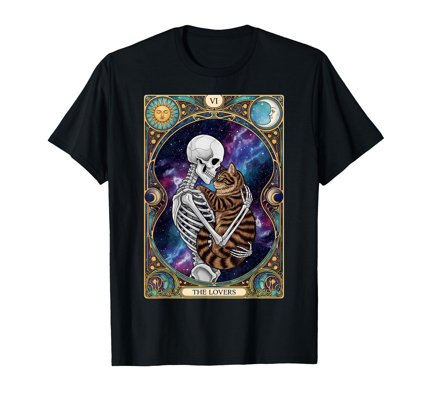 Skeleton Hugging Cat Halloween Cat Tarot Card Men Women Kids T-Shirt