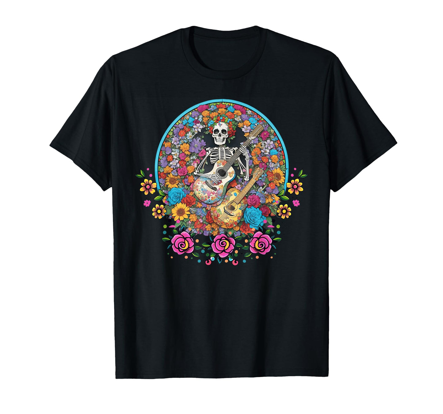 Catrina Day Floral Sugar Skull Guitar Los Muertos Halloween T-Shirt