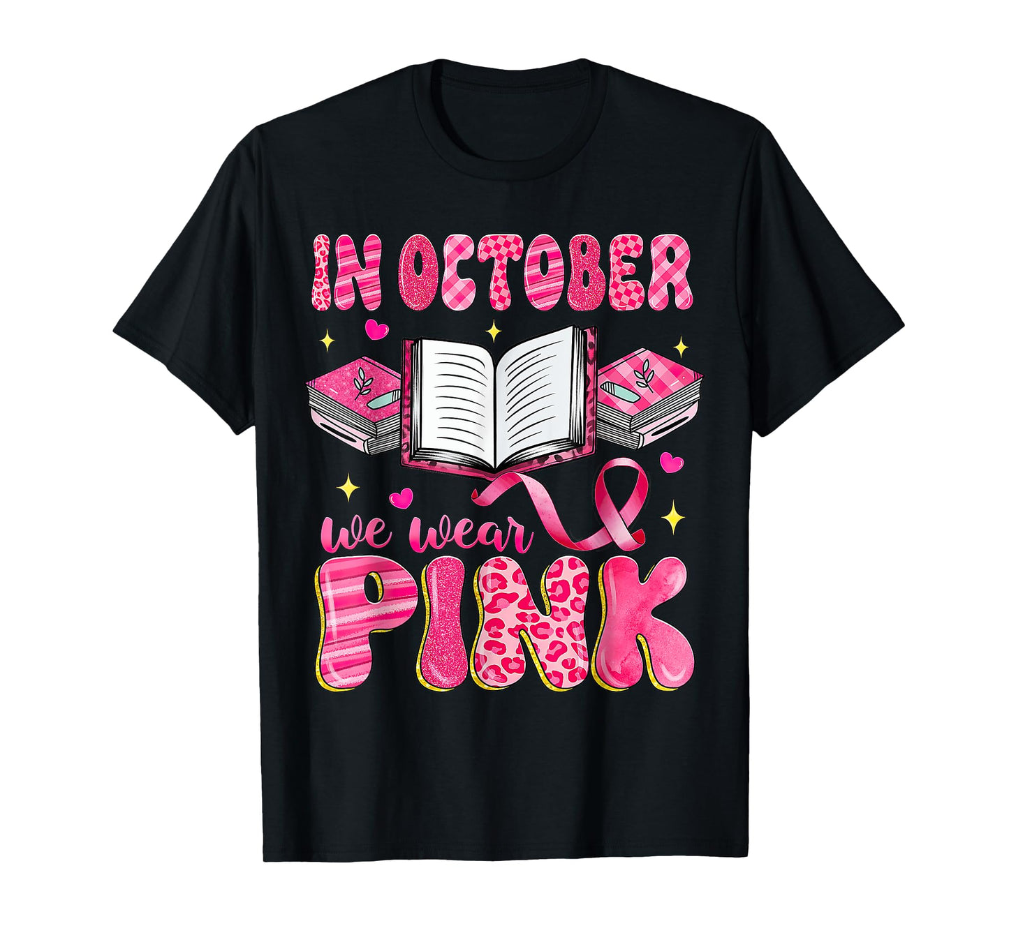 In October We Wear Pink Book Teacher Leopard Breast Cancer T-Shirt