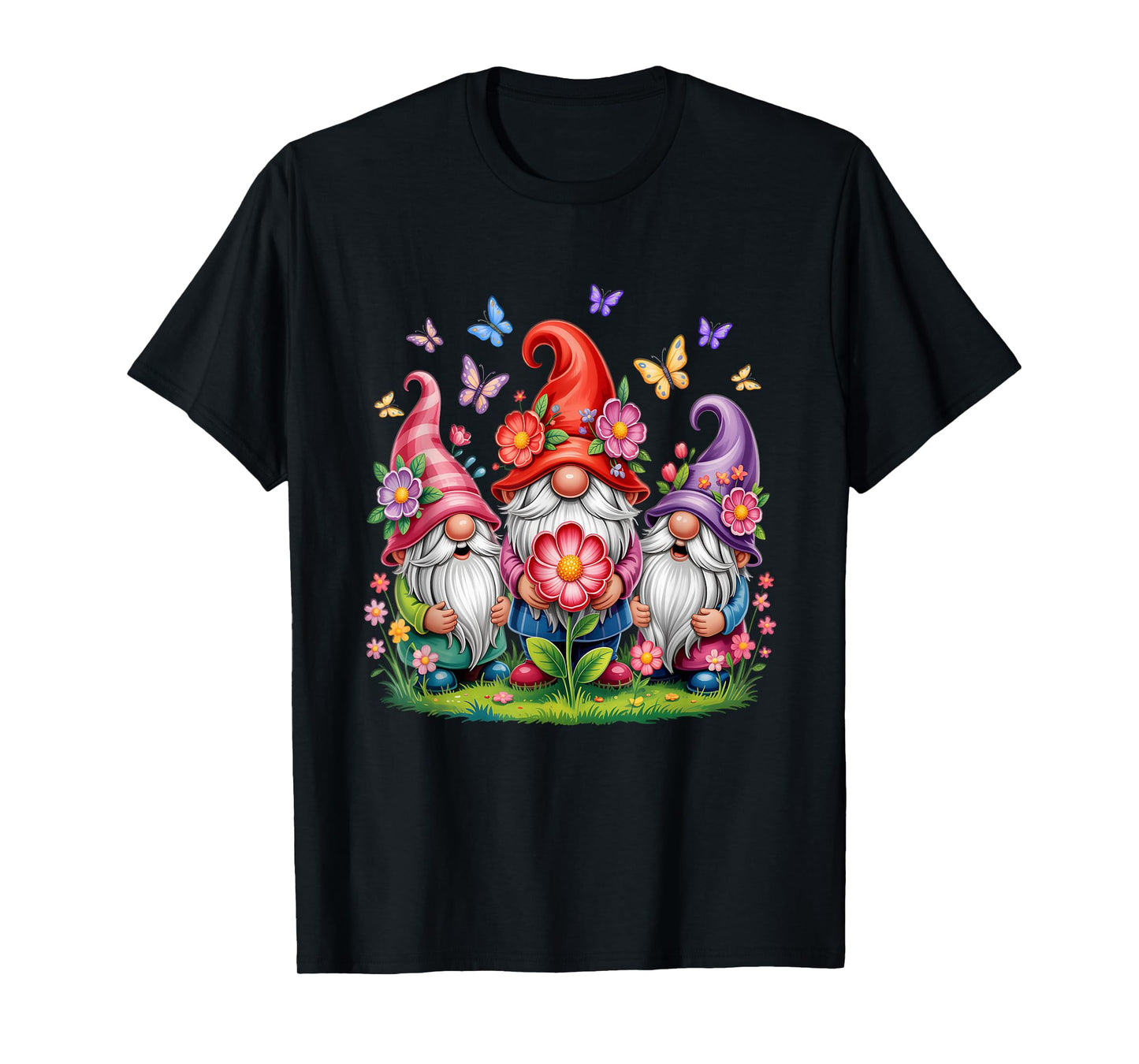 Whimsical Three Gnome Trio Blooming Flowers And Butterflies T-Shirt