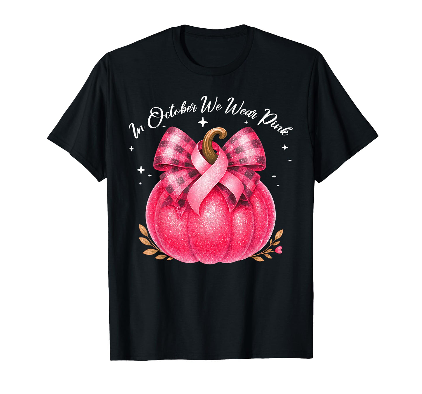 in October We Wear Pink Pumpkin Breast Cancer Coquette Bow T-Shirt