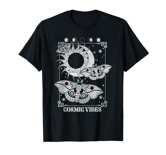 Cosmic Vibes Mystical Moths Flying Over Sun And Moon T-Shirt