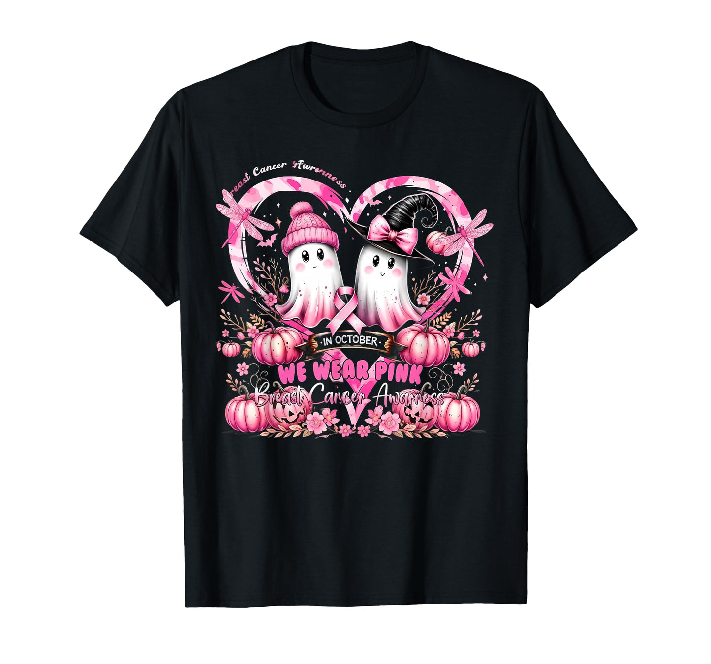 in October We Wear Pink Breast Cancer Heart Dragonflies T-Shirt