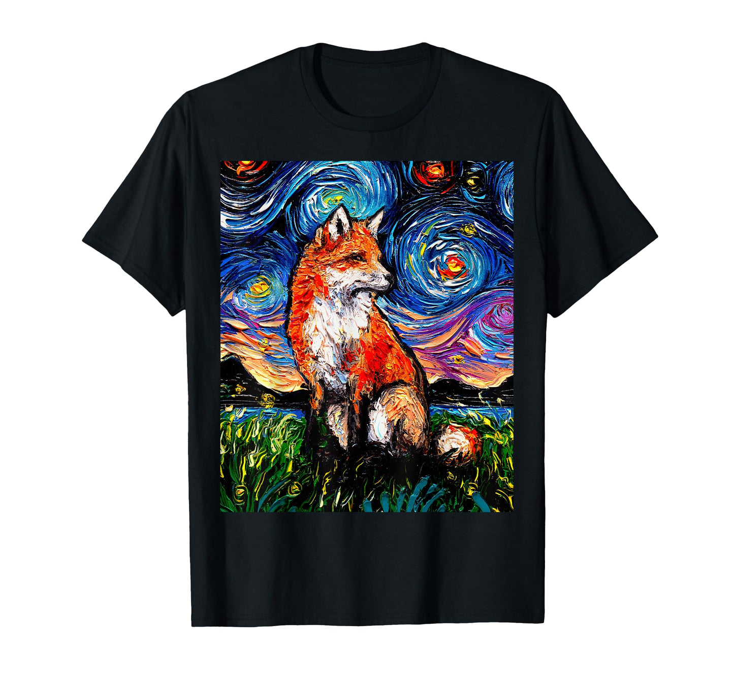 Red Fox Starry Night Animal Art by Aja T-Shirt