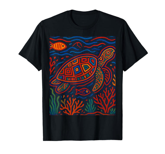 Sea Turtle Inspired by Mola Artwork of Panama Kuna T-Shirt