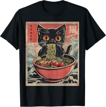Anime Shirt For Men Women Kids Cat Ramen Noodles Unisex Anime Cat Ramen Japanese Funny Graphic Tees Kawaii Cat Anime Gifts T-Shirt Black XS
