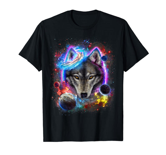 Cosmic Wolf Surrounded by Planet and Stars in Galactic Scene T-Shirt