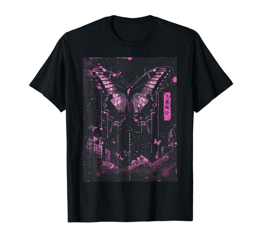 Anime Japanese Goth Cyberpunk City Butterfly Abstract Art T-Shirt