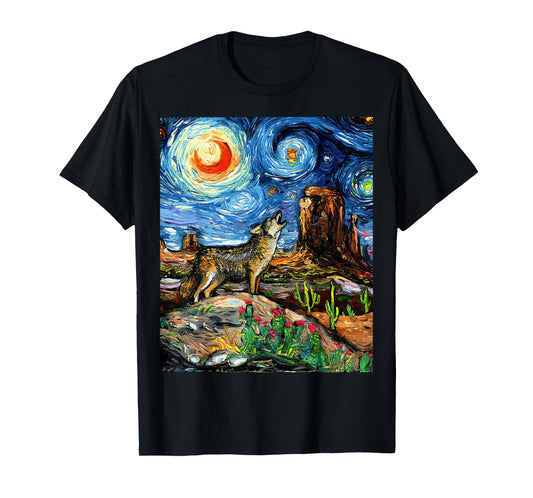 Coyote in the Southwestern Desert Starry Night Art by Aja T-Shirt
